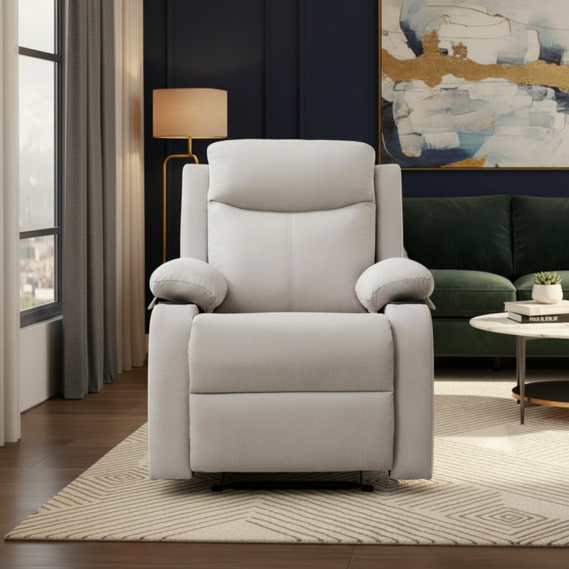 Linen Fabric Manual Small Recliner, Fixed Base, Beige, Designed For Small Spaces., White