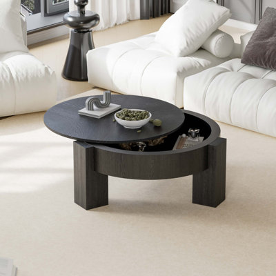Table basse ronde de 33 po avec rangement caché, plateau moderne en placage de bois Wabi-Sabi, 3 pieds en bloc, pièce centrale robuste pour le salon, petits espaces, noir mat