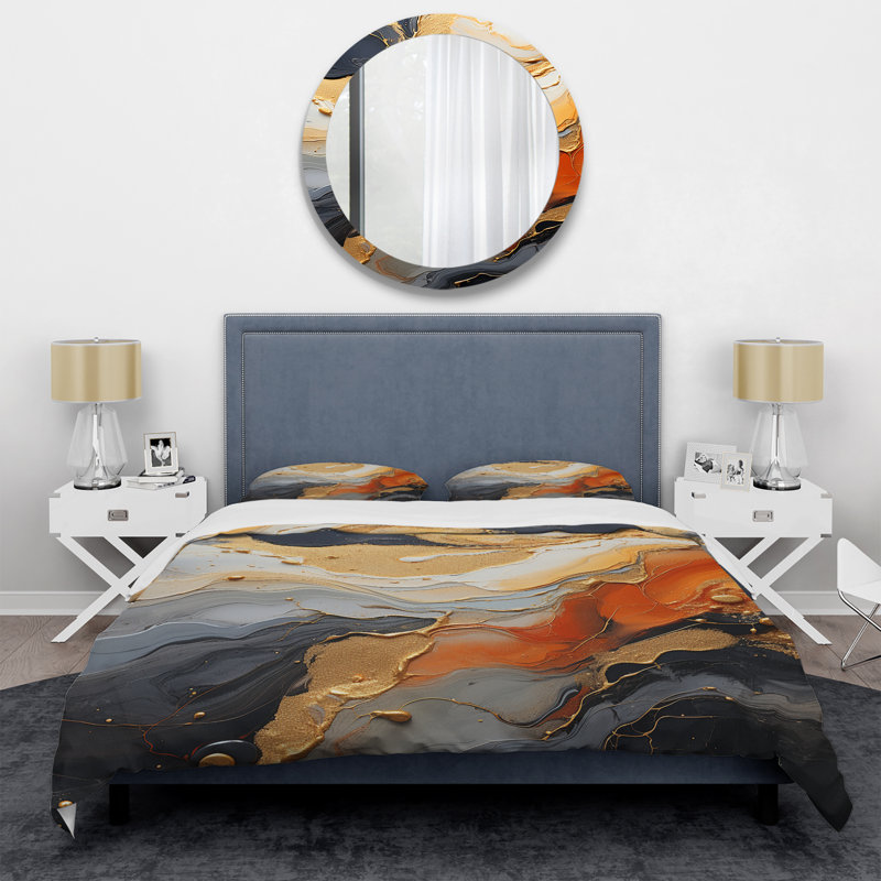 Ensemble de housse de couette Geode Lava II doré et blanc, Housse de couette pour très grand lit