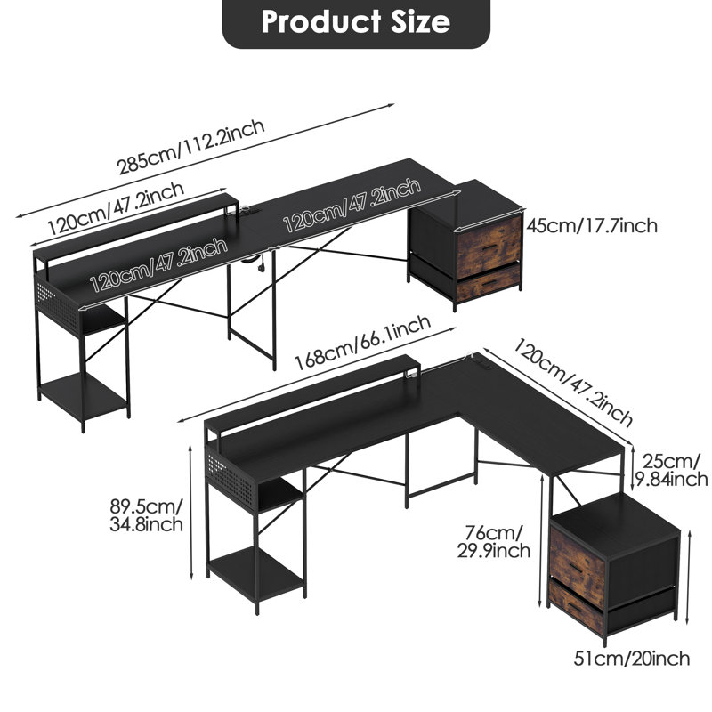 Bureau d'ordinateur convertible en L avec armoire et tablette pour moniteur avec prise de courant réversible, Noir