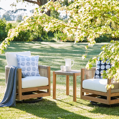 Denby Coastal Modern Acacia Wood Outdoor Swivel Accent Chair with Handwoven Rope and Cushions for Patio, Porch, Backyard & Garden