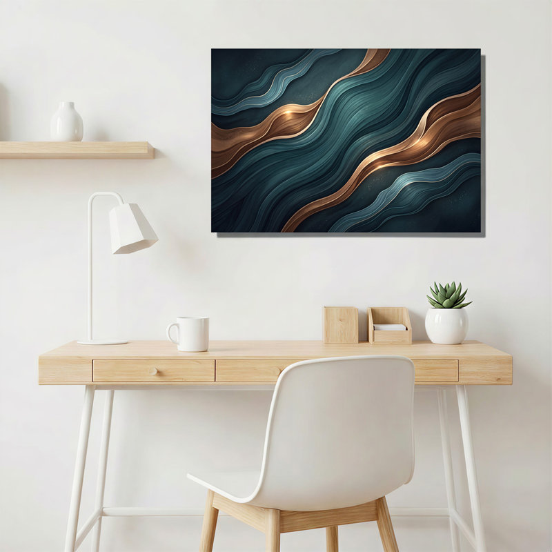 Art mural sur toile, lignes métalliques fluides abstraites ondulées, bronze métallique, H 16 po x l 24 po