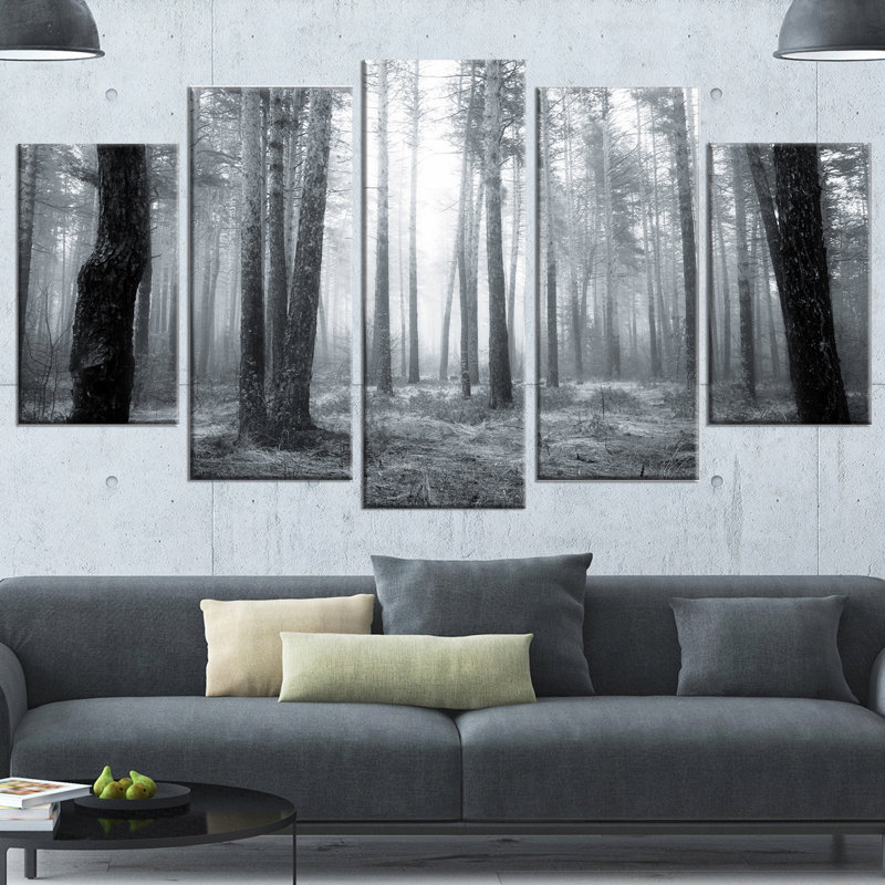 «Black and White Foggy Forest», ensemble de 5 reproductions de photos sur toiles tendues