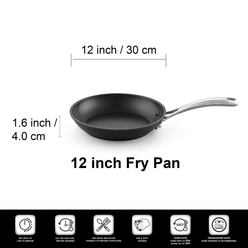 12-Inch Black Aluminum Nonstick Frying Pan with Stainless Steel Handle