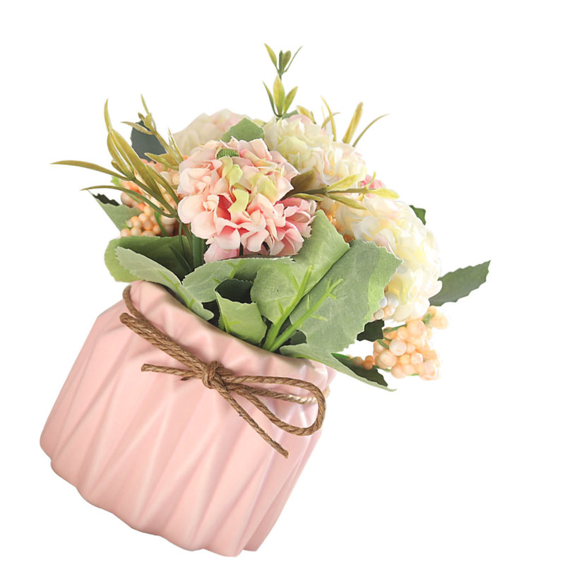 Bouquet d'hortensias artificiels avec vase et décoration de table de salle à manger artificielle - rose, Pink