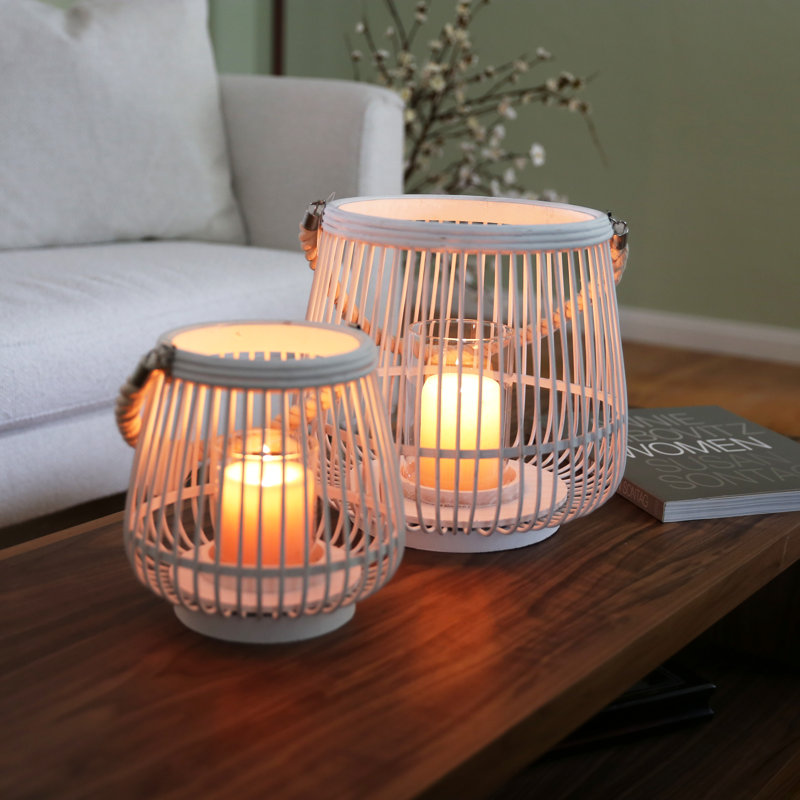 Ensemble de lanternes rondes en bois 2 pièces, Blanc