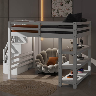 Lit mezzanine double avec tablettes, escalier de rangement, garde-robe compacte et éclairage intégré