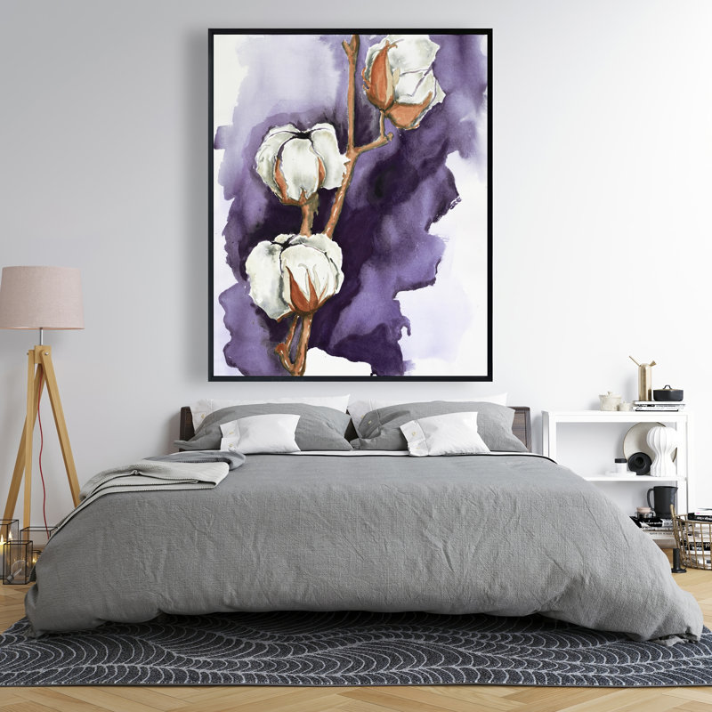 Fleurs de coton sur fond mauve | Toile grise décorative encadrée
