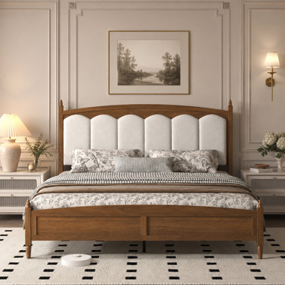 Queen Size Platform Bed Frame with Upholstered Headboard, Mid-Century Style, Brown