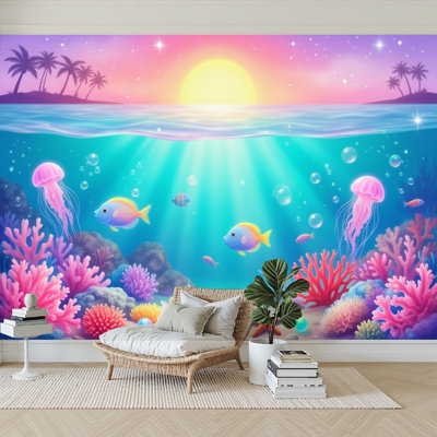 Peel and Stick Wallpaper 96" x 69" Modern Self Adhesive Wall Mural for Bedroom Underwater Coral Reef Colorful Fish Jellyfish Sunset