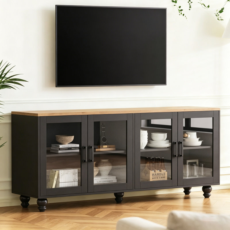 Meuble télé Farmhouse avec portes en verre trempé pour téléviseur de 70 à 70 ans, buffet polyvalent avec tablettes réglables, armoire élégante avec 5 pieds en bois massif en forme de gourde pour le salon, noir