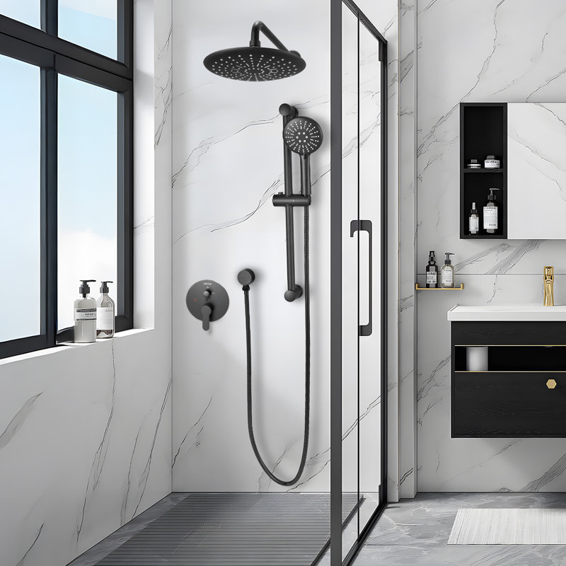 Shower Faucet Set, Rainfall Bathroom Shower System with 9-Inch Round Rain Shower Head and Handheld Spray, Wall Mounted Bath Fixtures with Brass Valve and Trim Kit, Matte Black