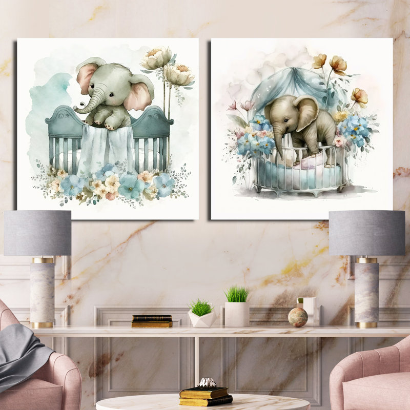 Bébé éléphant dans un lit de bébé avec fleurs - ensemble de 2 animaux carrés, H 16 po x l 33 po, Toile tendue