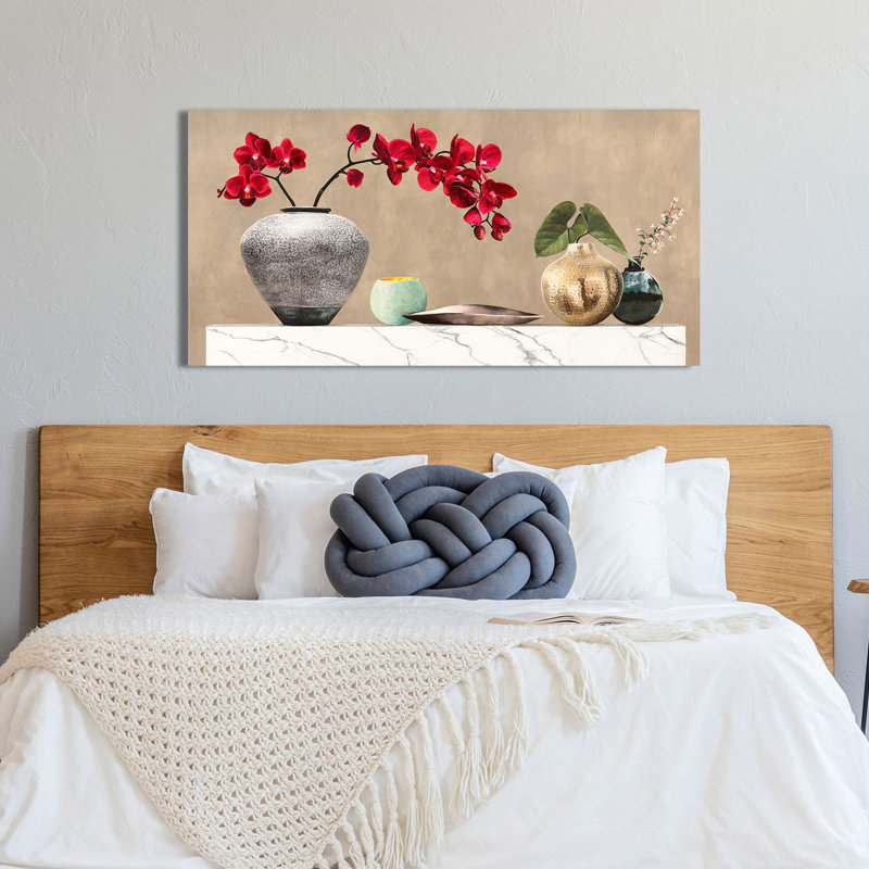 2JT6245 Red Orchids On White Marble by Jenny Thomlinson - Wrapped Canvas Art Prints, 50cm H x 100cm W x 4cm D