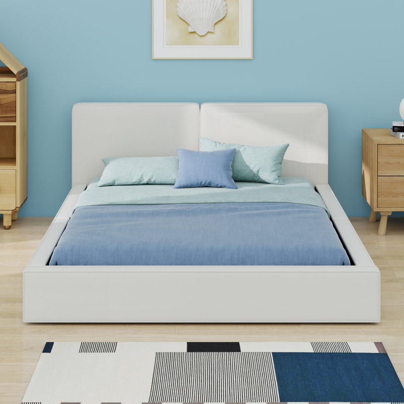 Lit tapissier moderne avec tête de lit en tissu épais et plateforme élégante, Beige