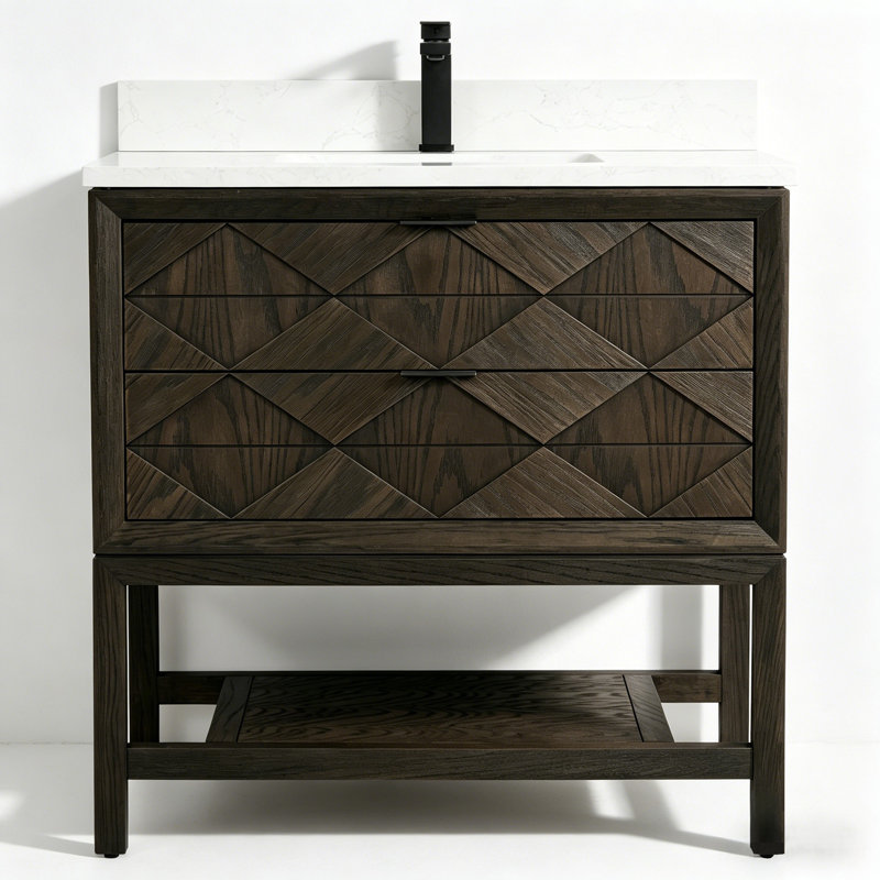 36" Transitional Freestanding Single Sink Dark Brown Oak Solid Wood Bathroom Vanity with Engineered Marble Top