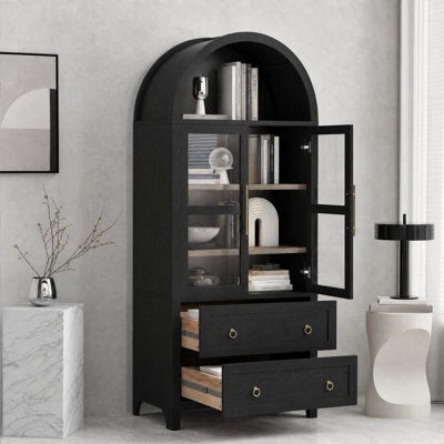 71.2" Arched Farmhouse Kitchen Pantry Cabinet with Glass Doors and Drawers, Black