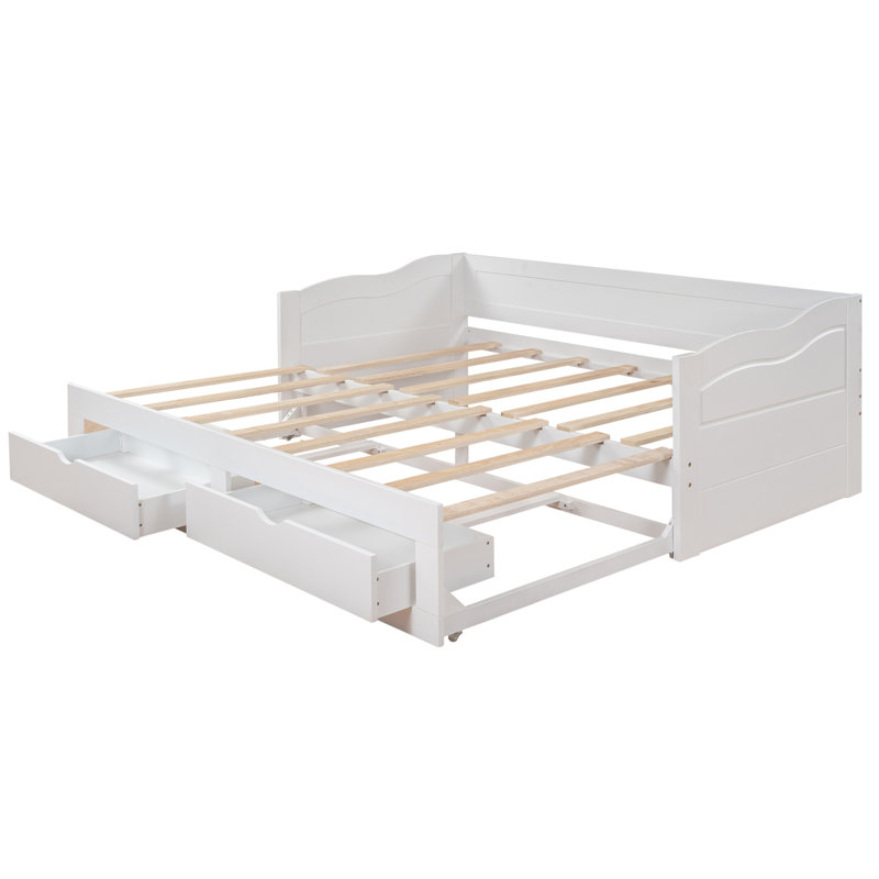 Wooden Daybed With Trundle Bed And Two Storage Drawers, Extendable For Extra Sleeping Space And Organization