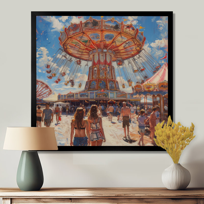 Carrousel de parc d'attractions orange et bleu - Décoration murale parcs d'attractions, H 16 po x l 16 po, Cadre simple noir