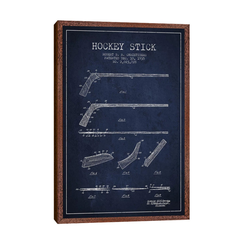 Hockey Stick Navy Blue Patent Blueprint by Aged Pixel - Floater Frame Print on Canvas, 152.5 cm H x 101.5 cm W, Brown Framed