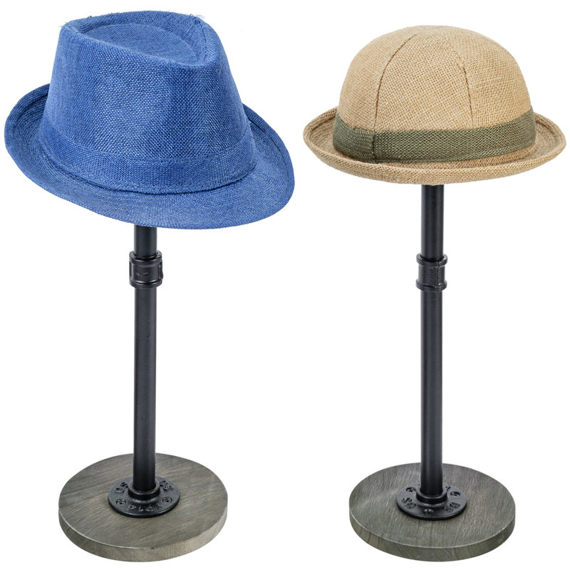 2-Piece Adjustable Tabletop Hat Stand Display Rack – Industrial Metal Pipe with Vintage Gray Wood Base