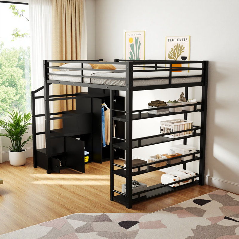 Lit mezzanine double en métal avec tablettes de rangement, armoires et garde-robe