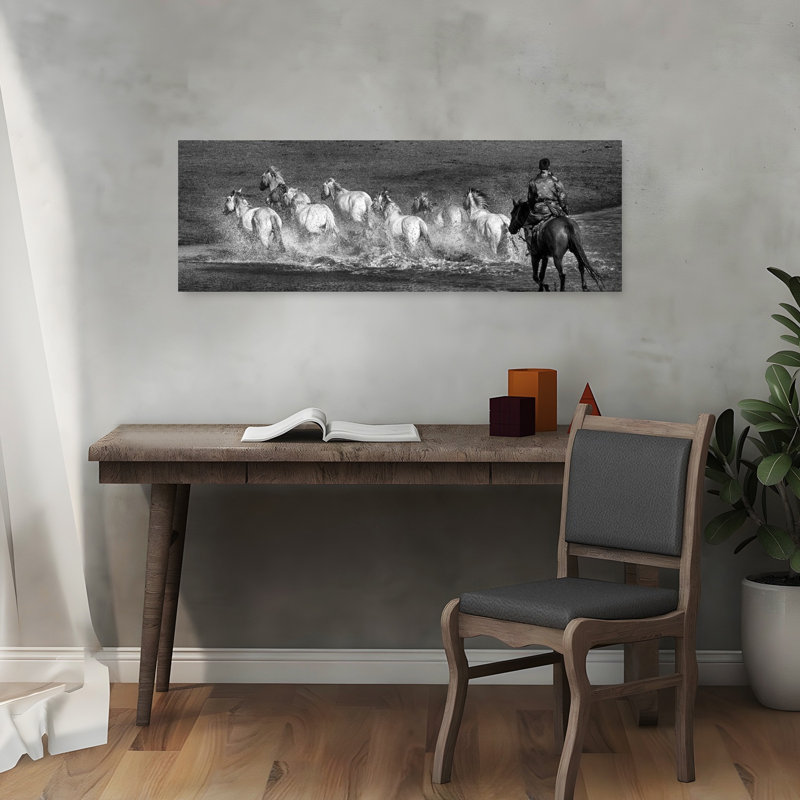Galloping Horses and Rider 1 Piece Wrapped Canvas Panoramic Wall Art, 30.48 cm H x 91.44 cm W