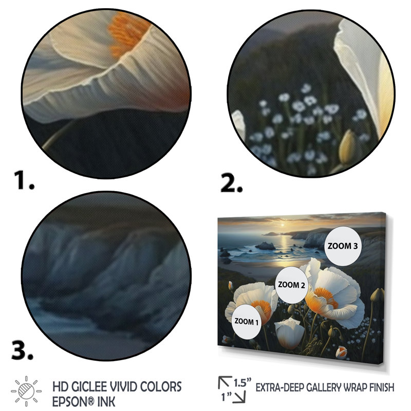 «White Flowers by the Coast III», reproduction sur toile, L 20 po x H 12 po, Toile avec cadre flottant noir