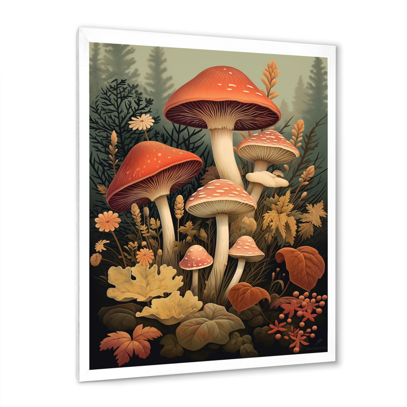 Champignons d'automne en forêt, illustration rétro I, Cadre simple blanc, H 32 po x l 16 po x P 1 po