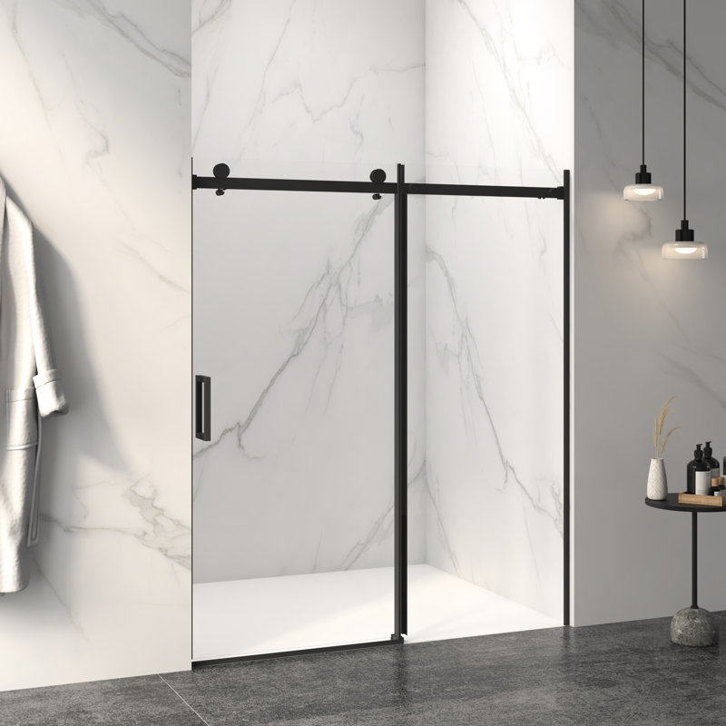 Porte de douche coulissante double côté facile à nettoyer de 56 po x l 60 po x H 72 po au fini noir mat, verre trempé de 8 mm d'épaisseur 5/16 po, conception de tampon pour une utilisation dans la salle de bain avec installation réversible
