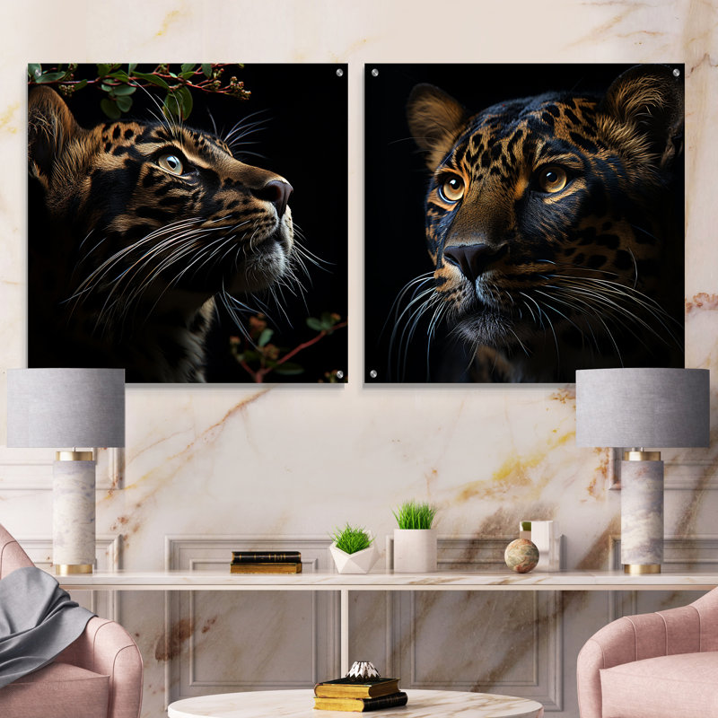 Leopard Nighttime Observer - Ensemble d'art mural en verre acrylique Leopard, H 16 po x l 33 po