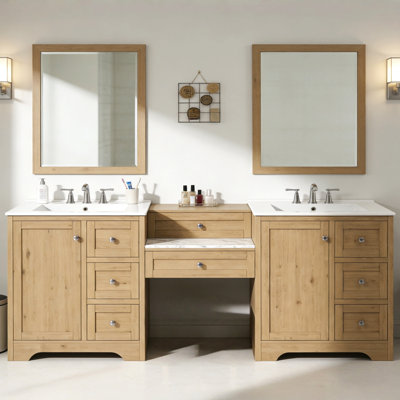 Meuble-lavabo double 84 po, 2 lavabos en céramique et comptoir en pierre d'ingénierie, grand meuble-lavabo de rangement avec boutons en métal argenté et 6 tiroirs, fermeture en douceur, bois