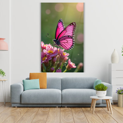 Art mural en verre trempé papillon rose