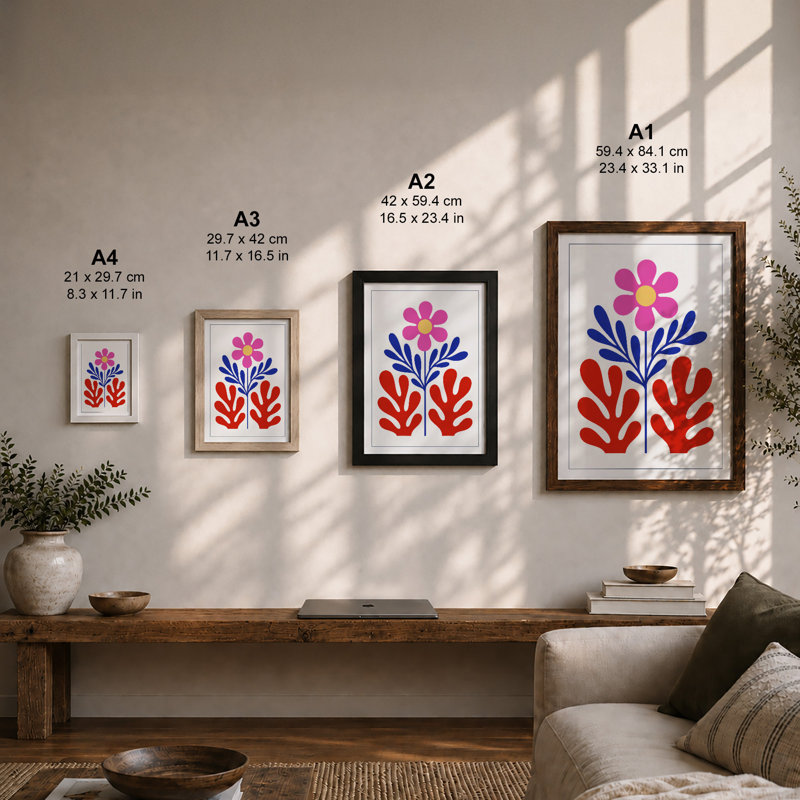 Stylized Folk Flower Scandinavian - Framed Print, Oak, A4 - 29.7 x 21.0 cm