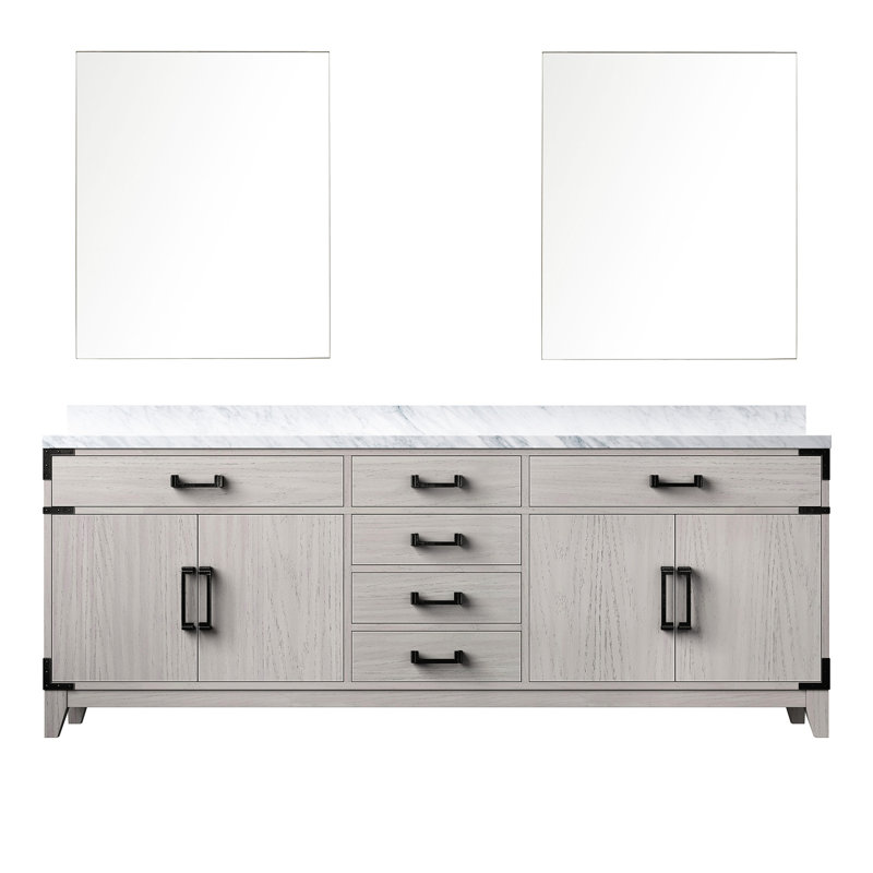 Meuble-lavabo double en chêne blanc 84 po - Plateau en marbre et 36 miroirs de rangement avec fermeture en douceur L 22 po P 36 po Suffisant