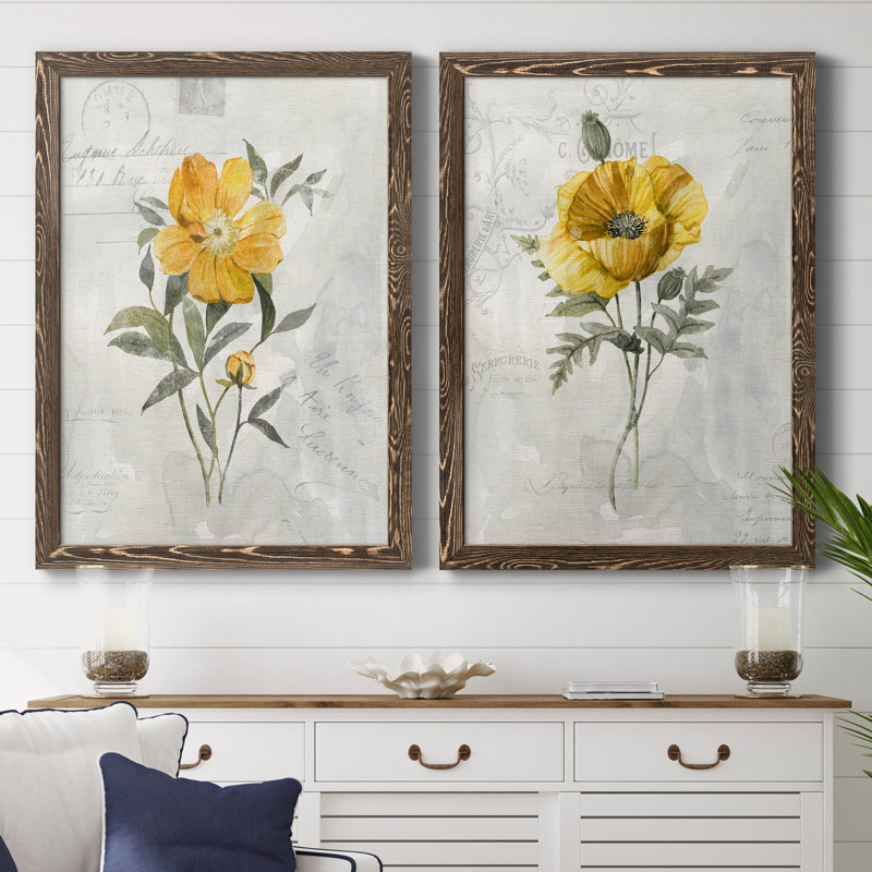 Canary Linen pivoine - ensemble de 2 reproductions d'art, H 37,5 po x l 55 po x P 1,5 po, Toile avec cadre en noyer