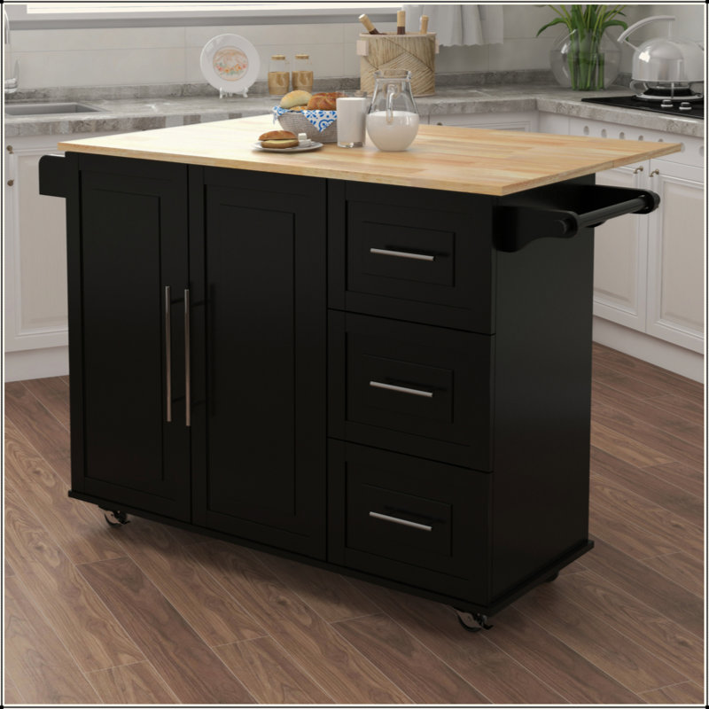 Îlot de cuisine avec support à épices, porte-serviettes et plateau de table en bois massif extensible - noir, Noir