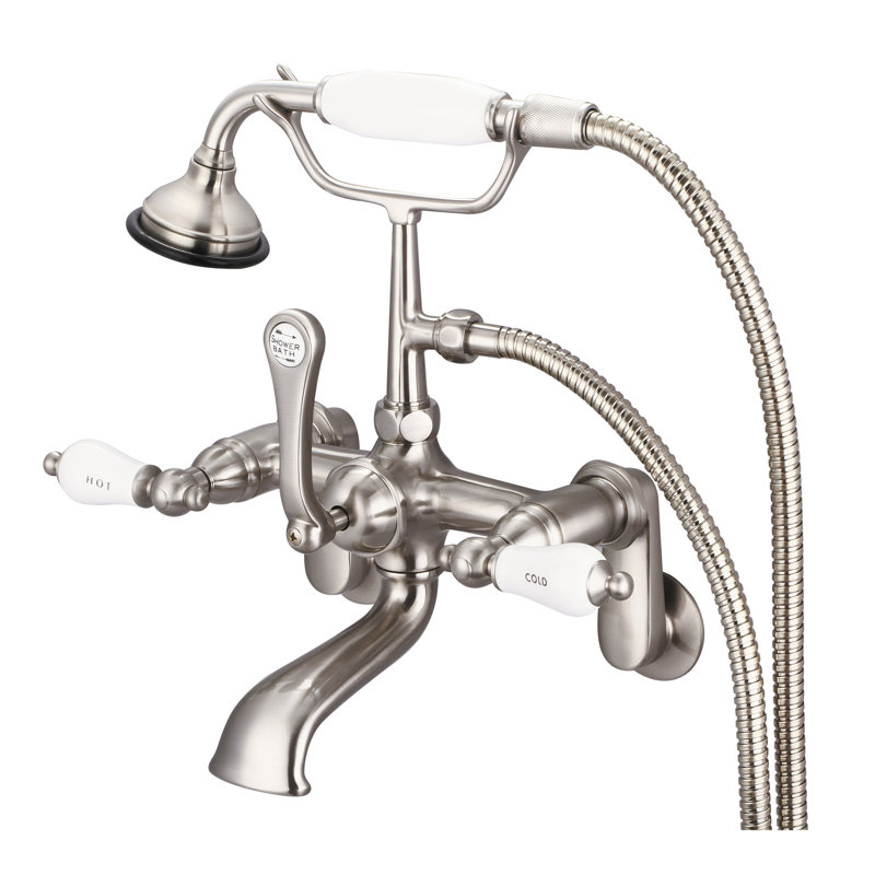 Stonington 3 Handle Clawfoot Tub Faucet, Hot and Cold Labeled Porcelain Lever Handles, Brushed Nickel