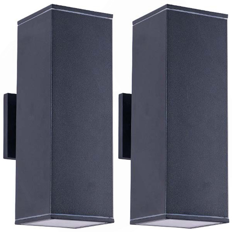 Applique murale d'extérieur 14 "avec 2 lumières avec tube rectangulaire en aluminium et couvercle en verre trempé, paquet de 2 (noir mat) (sans ampoule)