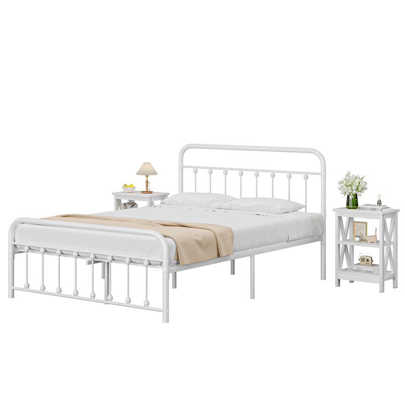 3 Piece Bedroom Set, Metal Bed Frame With Headboard And Nightstand Set Of 2, Classic Farmhouse Bedroom Furniture Set Of 3, No Box Spring Needed, Easy Assembly