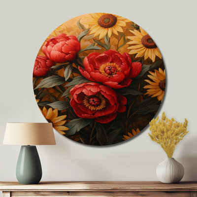 Peonies By The Sunflower Collage - Peonies Round Metal Wall Art, Traditional Red Metal Art Print