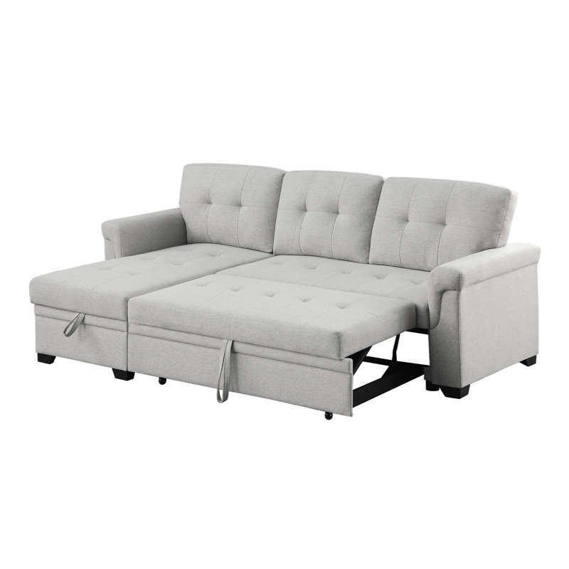 Canapé-lit modulaire réversible en lin 84 po avec rangement, Lin gris pâle, Orienté à droite, Noir