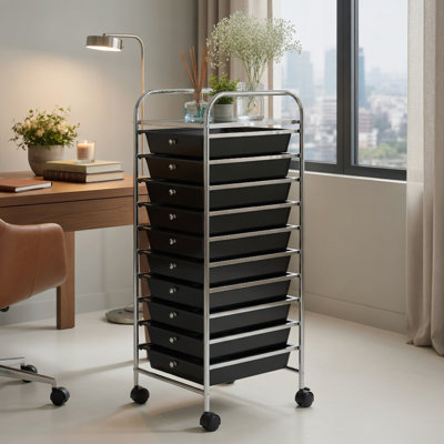  Chariot de rangement roulant à 10 tiroirs avec roulettes verrouillables, structure en acier robuste, tiroirs coulissants pour la maison, le bureau et le garage, noir