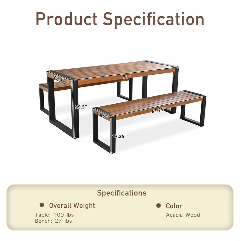 Ensemble de salle à manger d'extérieur en bois d'acacia 3 pièces avec plateau unique