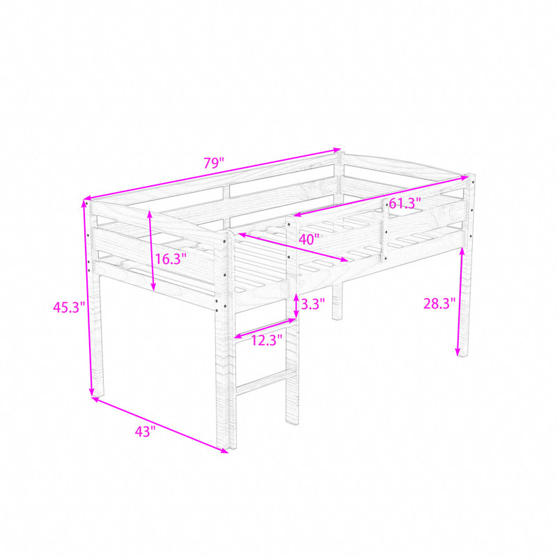 Twin Wood Loft Bed With Ladder & Guardrails, Low-Height Design, Walnut