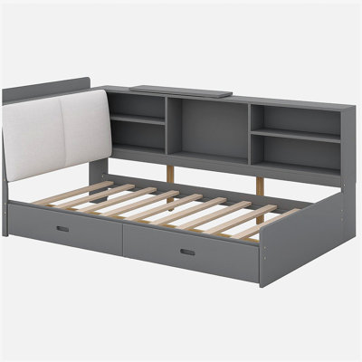 Wood Twin Size platform bed with Storage Headboard, Shelves and 2 Drawers, Gray