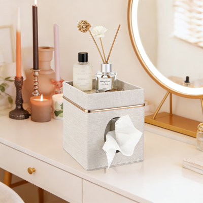 Housse décorative pour boîte à mouchoirs en lin avec plateau - Porte-cube élégant pour meuble-lavabo, commode, bureau ou restaurant