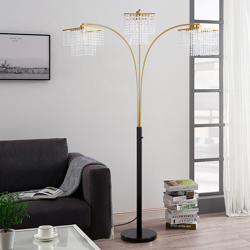 Beckum 84" 3-Lights Novelty Arched Glam Crystal Tree Floor Lamp, Black/Gold, Square