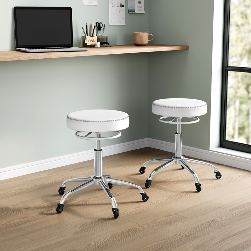 Adjustable Height Industrial Stool, White Faux Leather