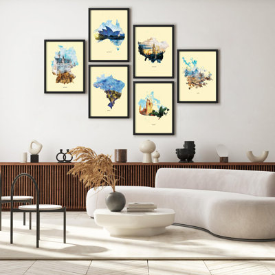 Framed Wall Art Print Gallery Set Decor, World Landmark Watercolor Famous Landmarks Illustrations Modern Decorative for Living Room, Bedroom, Office